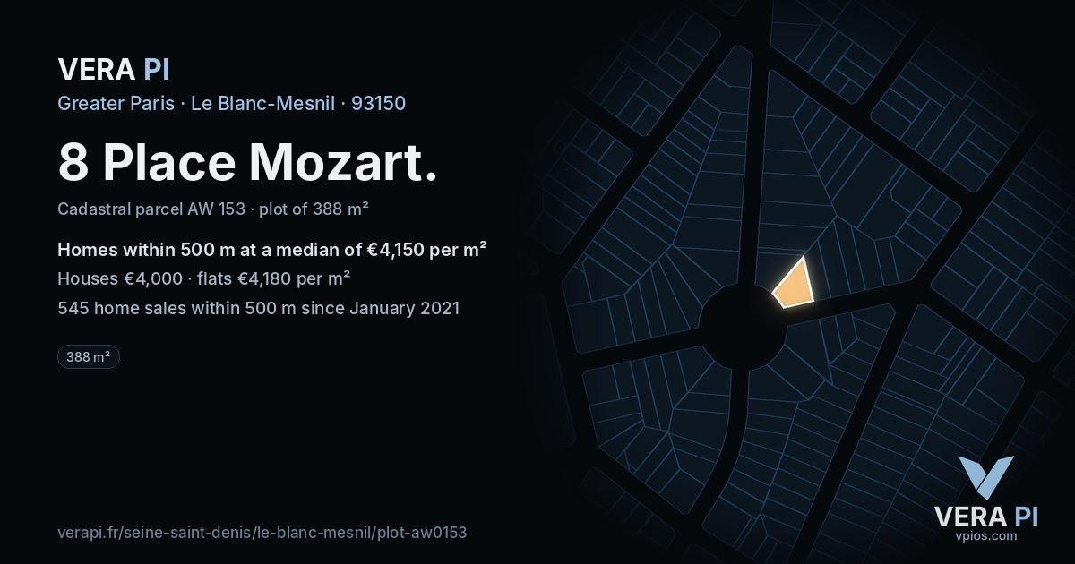 8 Place Mozart, Le Blanc-Mesnil at night – the plot lit, the parcels around coloured by the prices near them