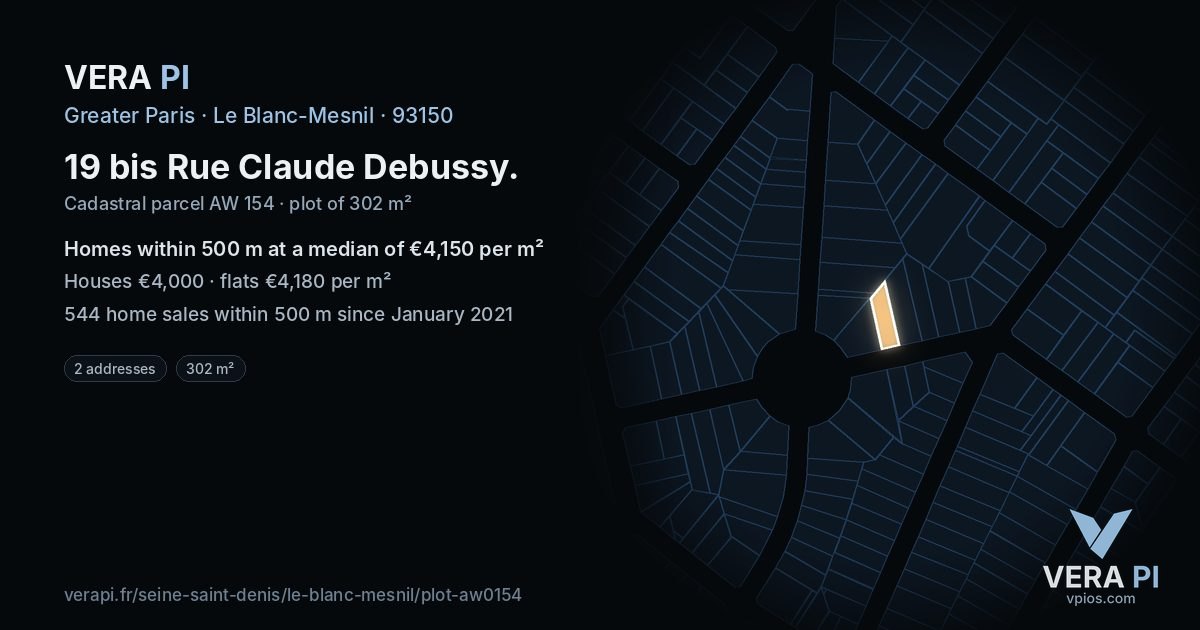 19 bis Rue Claude Debussy, Le Blanc-Mesnil at night – the plot lit, the parcels around coloured by the prices near them