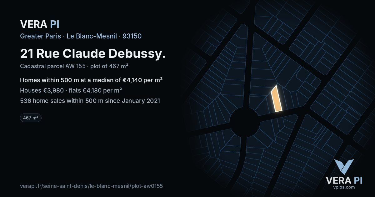 21 Rue Claude Debussy, Le Blanc-Mesnil at night – the plot lit, the parcels around coloured by the prices near them