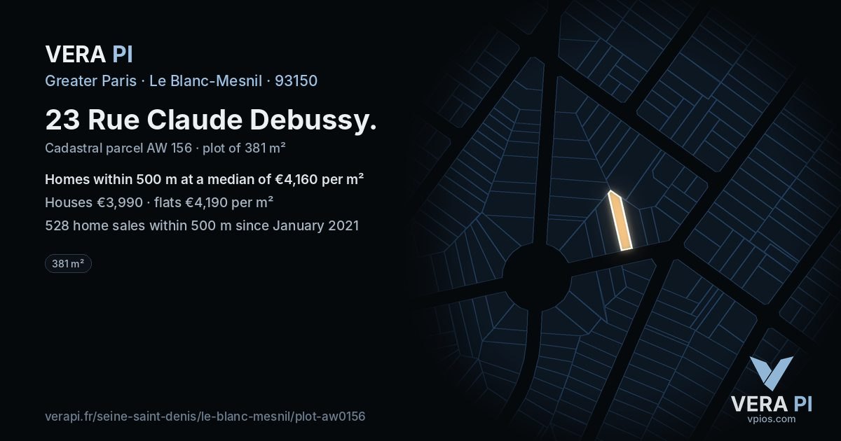 23 Rue Claude Debussy, Le Blanc-Mesnil at night – the plot lit, the parcels around coloured by the prices near them