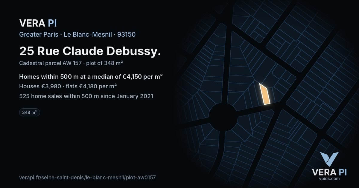 25 Rue Claude Debussy, Le Blanc-Mesnil at night – the plot lit, the parcels around coloured by the prices near them