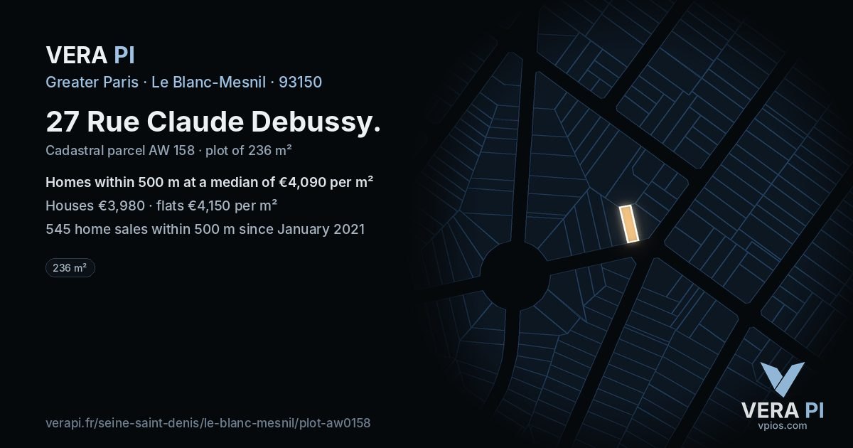 27 Rue Claude Debussy, Le Blanc-Mesnil at night – the plot lit, the parcels around coloured by the prices near them