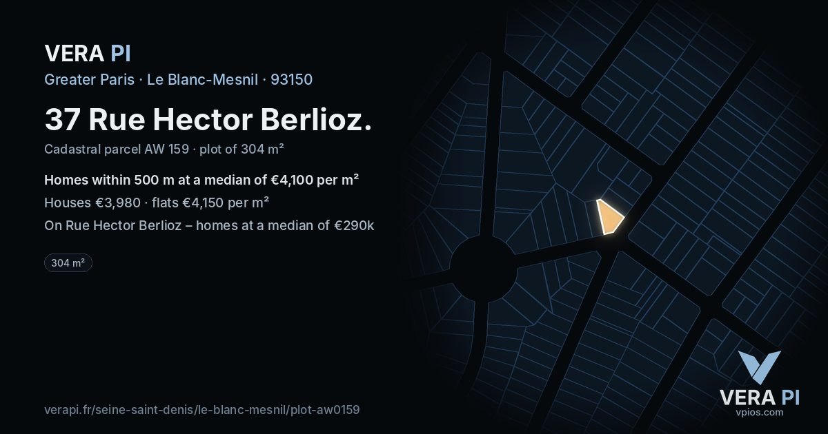 37 Rue Hector Berlioz, Le Blanc-Mesnil at night – the plot lit, the parcels around coloured by the prices near them