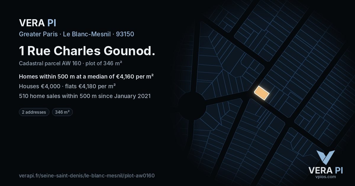 1 Rue Charles Gounod, Le Blanc-Mesnil at night – the plot lit, the parcels around coloured by the prices near them
