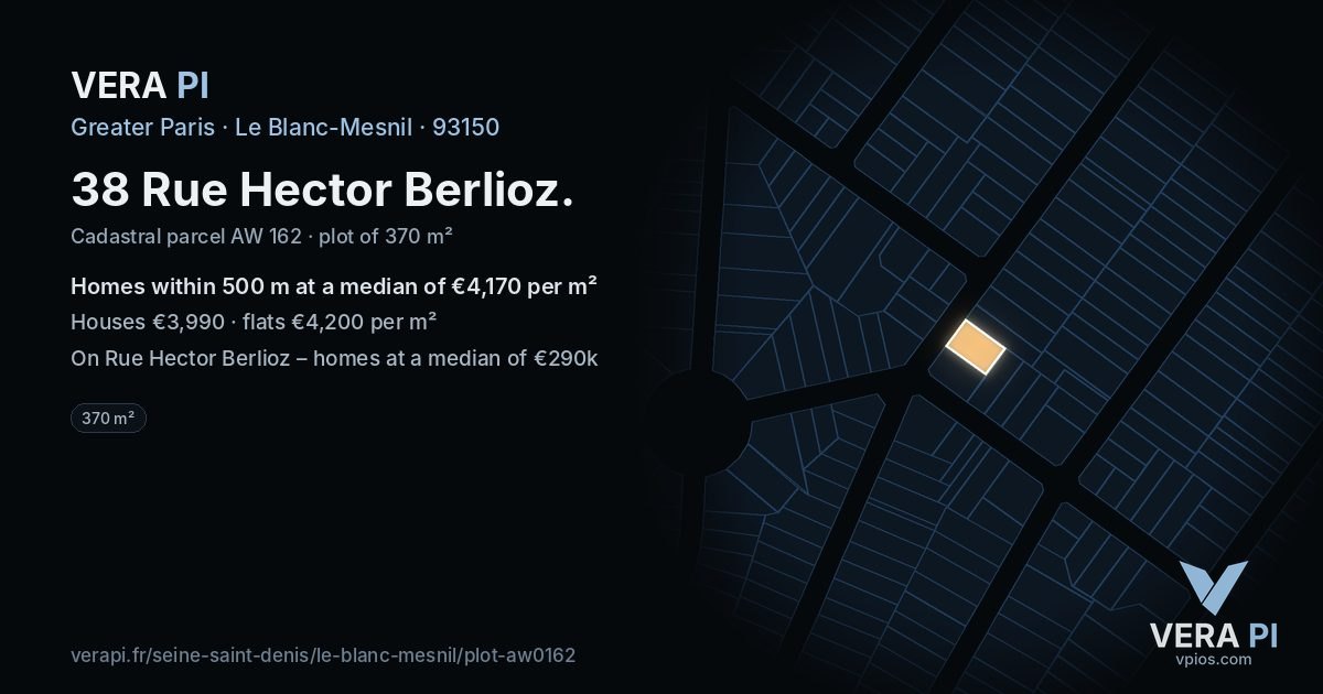 38 Rue Hector Berlioz, Le Blanc-Mesnil at night – the plot lit, the parcels around coloured by the prices near them