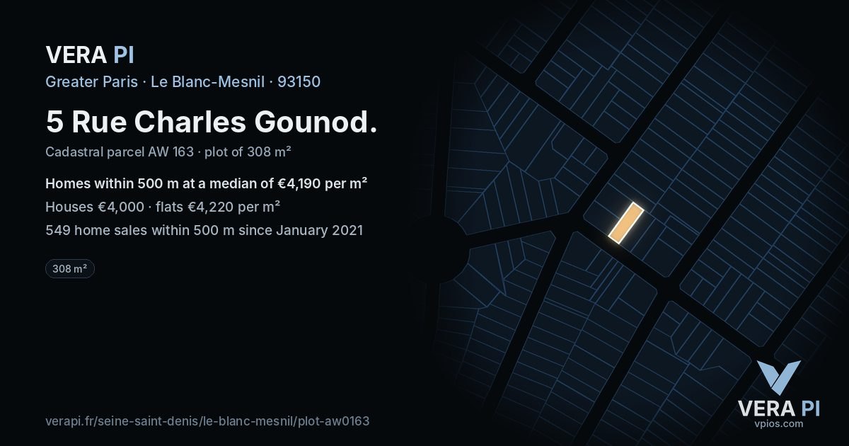 5 Rue Charles Gounod, Le Blanc-Mesnil at night – the plot lit, the parcels around coloured by the prices near them