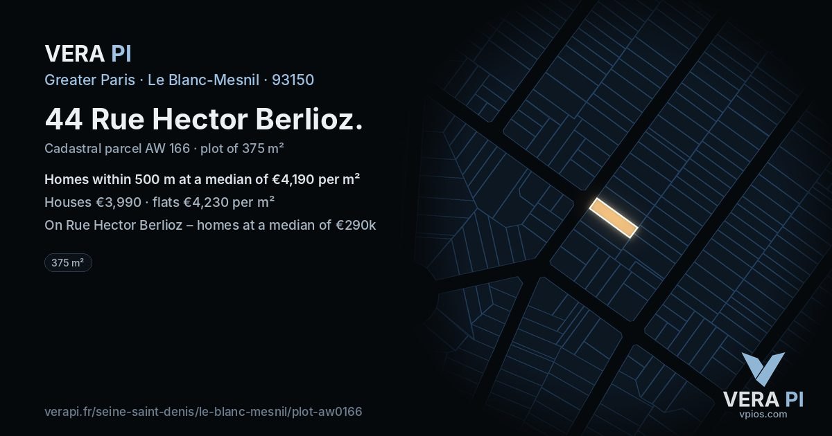 44 Rue Hector Berlioz, Le Blanc-Mesnil at night – the plot lit, the parcels around coloured by the prices near them