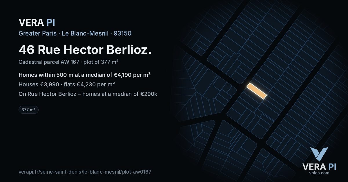 46 Rue Hector Berlioz, Le Blanc-Mesnil at night – the plot lit, the parcels around coloured by the prices near them