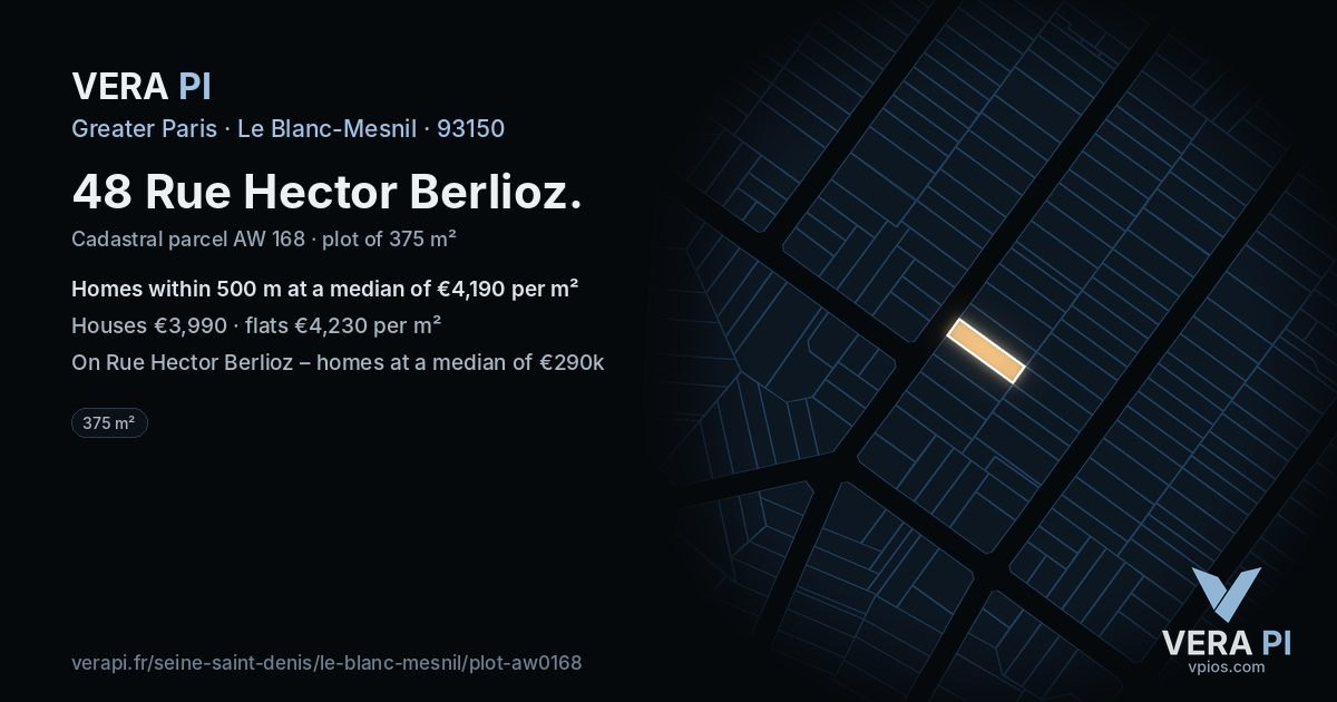 48 Rue Hector Berlioz, Le Blanc-Mesnil at night – the plot lit, the parcels around coloured by the prices near them