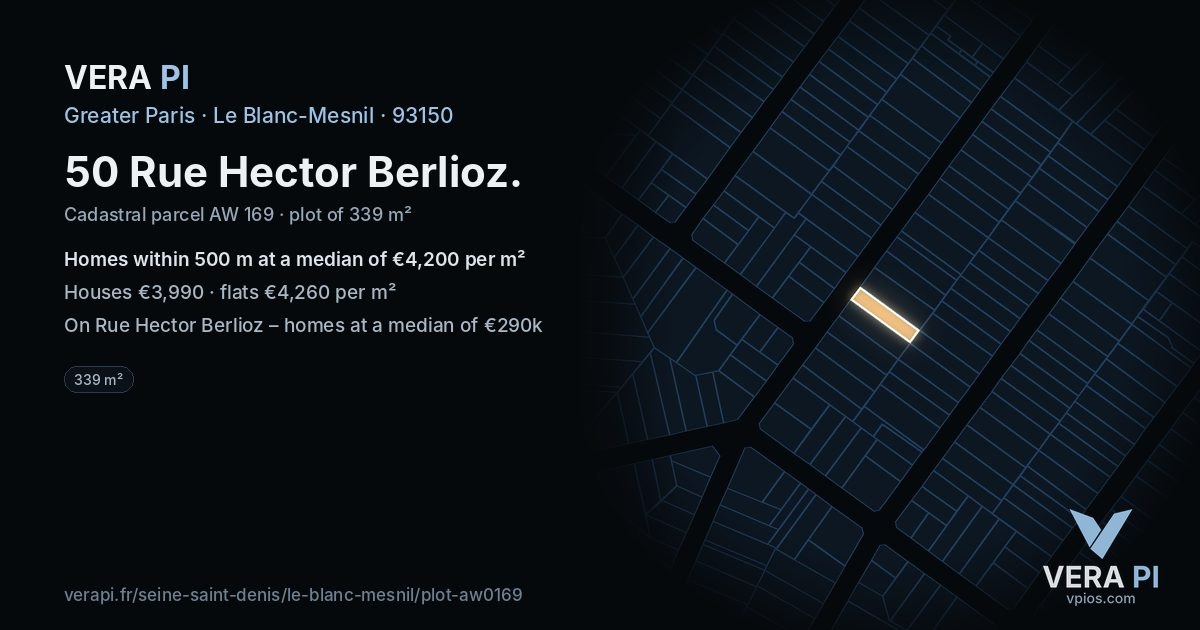 50 Rue Hector Berlioz, Le Blanc-Mesnil at night – the plot lit, the parcels around coloured by the prices near them