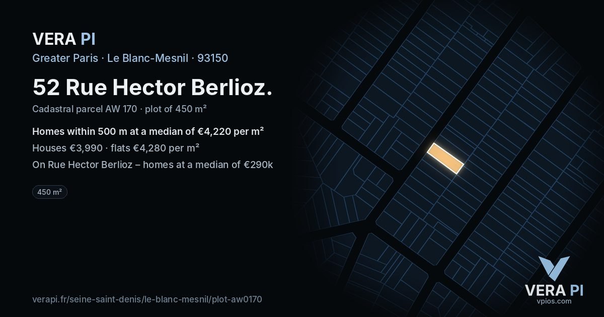 52 Rue Hector Berlioz, Le Blanc-Mesnil at night – the plot lit, the parcels around coloured by the prices near them