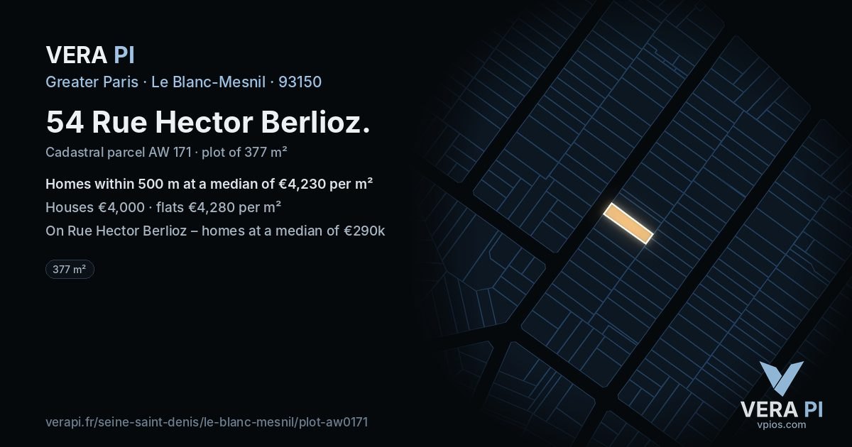 54 Rue Hector Berlioz, Le Blanc-Mesnil at night – the plot lit, the parcels around coloured by the prices near them