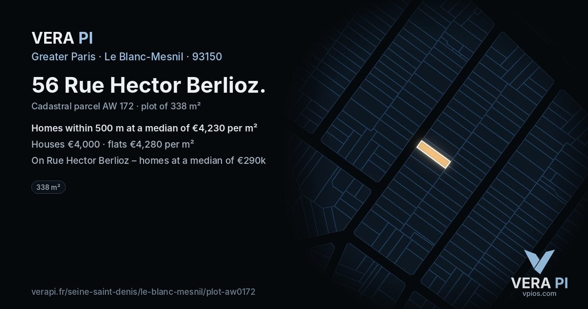 56 Rue Hector Berlioz, Le Blanc-Mesnil at night – the plot lit, the parcels around coloured by the prices near them