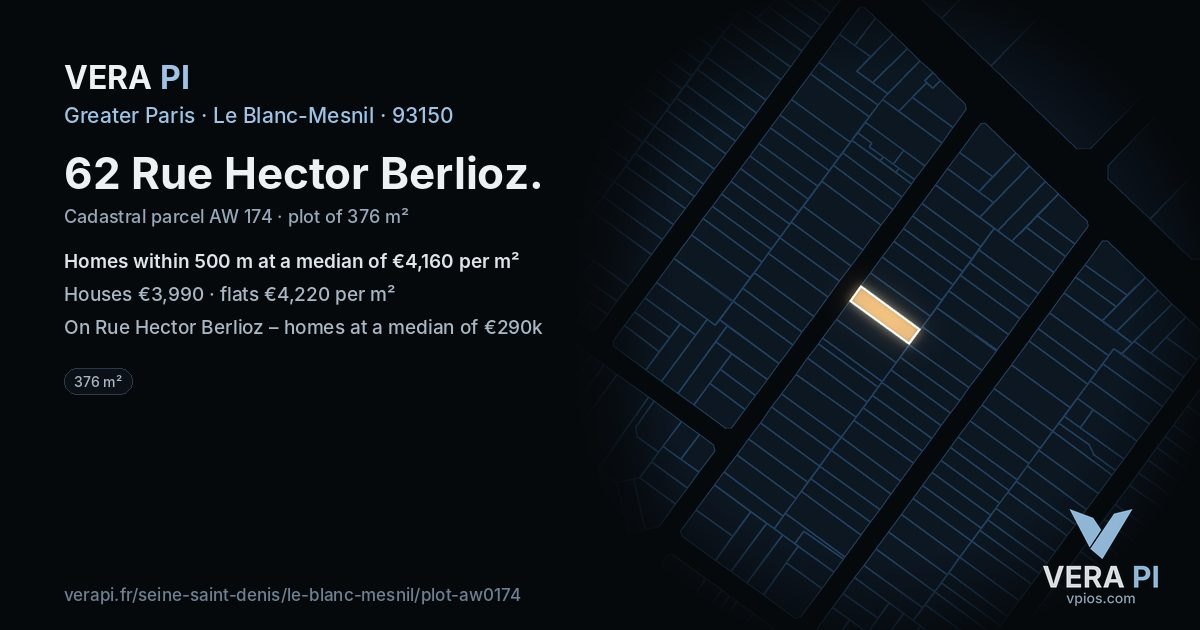 62 Rue Hector Berlioz, Le Blanc-Mesnil at night – the plot lit, the parcels around coloured by the prices near them