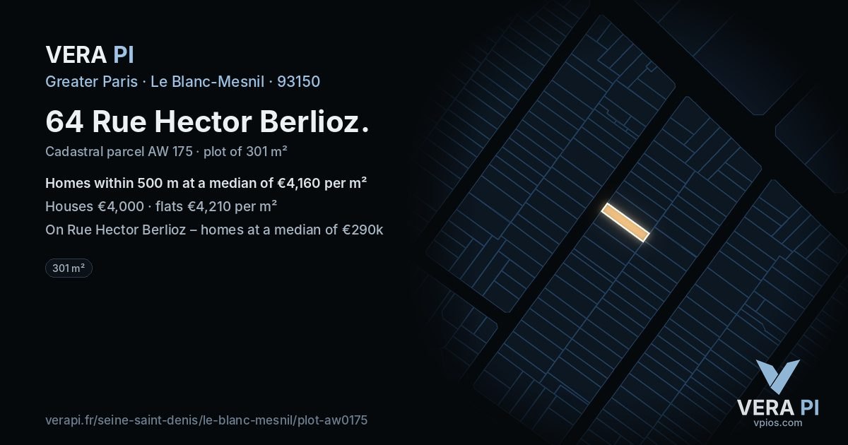 64 Rue Hector Berlioz, Le Blanc-Mesnil at night – the plot lit, the parcels around coloured by the prices near them
