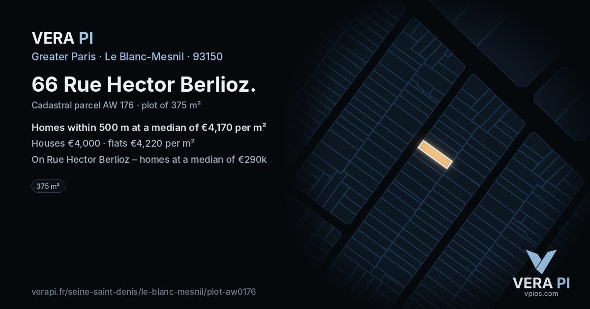 66 Rue Hector Berlioz, Le Blanc-Mesnil at night – the plot lit, the parcels around coloured by the prices near them