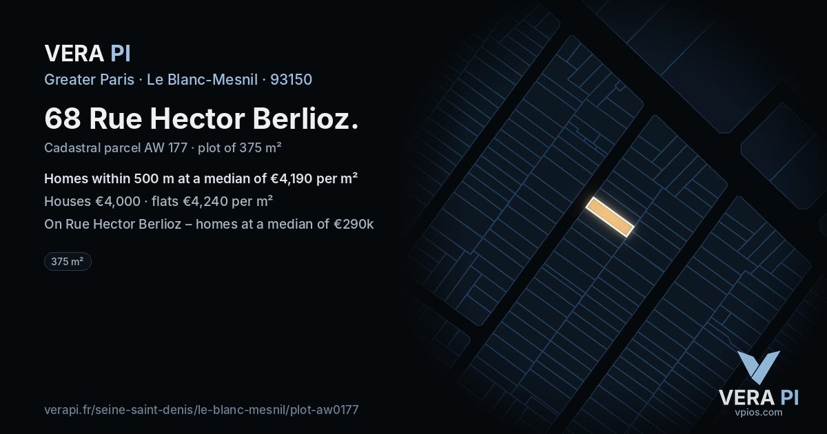 68 Rue Hector Berlioz, Le Blanc-Mesnil at night – the plot lit, the parcels around coloured by the prices near them