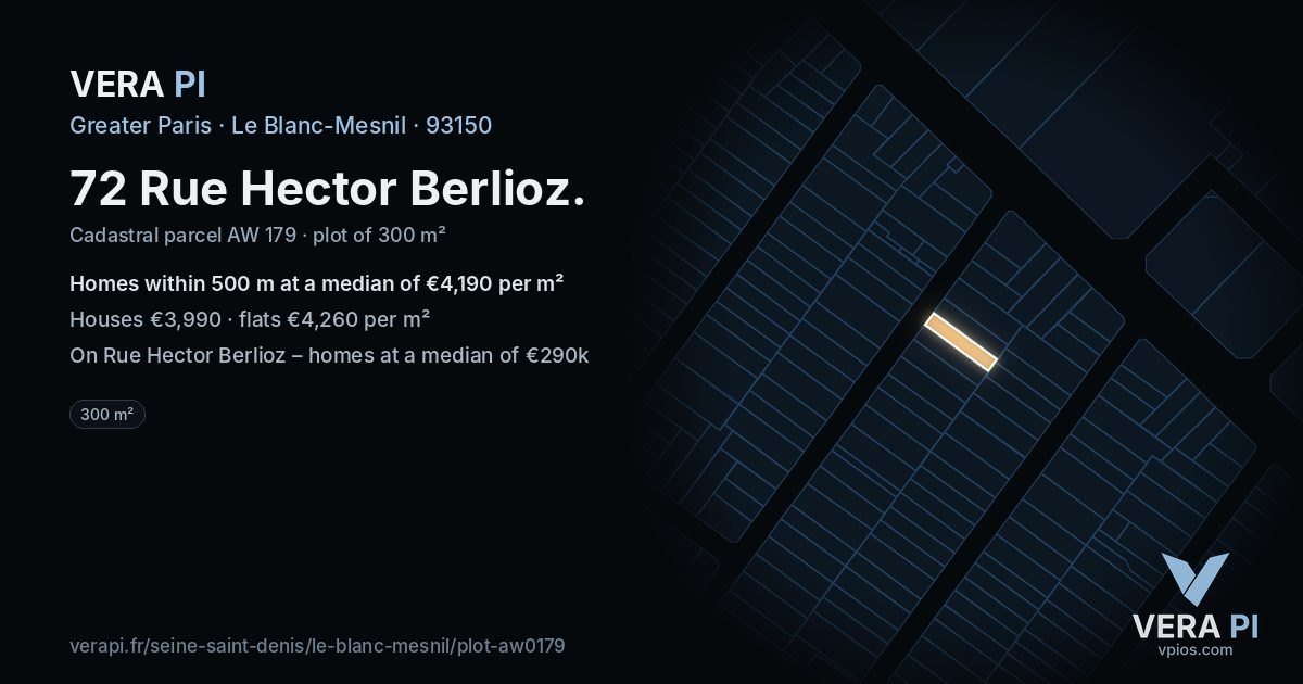 72 Rue Hector Berlioz, Le Blanc-Mesnil at night – the plot lit, the parcels around coloured by the prices near them
