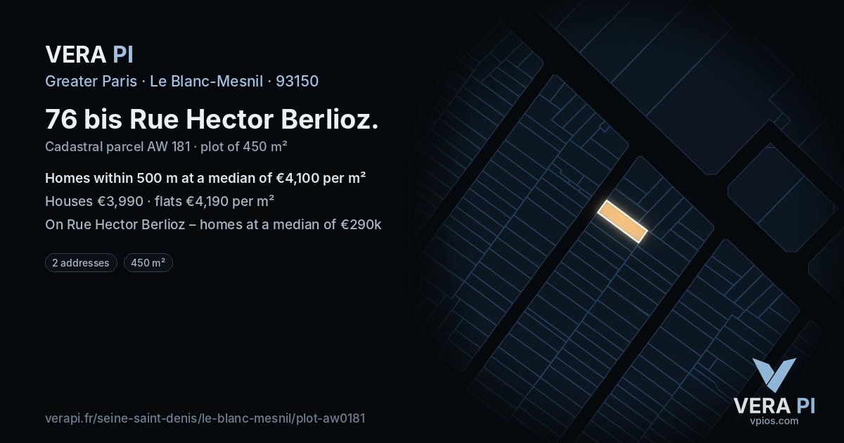76 bis Rue Hector Berlioz, Le Blanc-Mesnil at night – the plot lit, the parcels around coloured by the prices near them