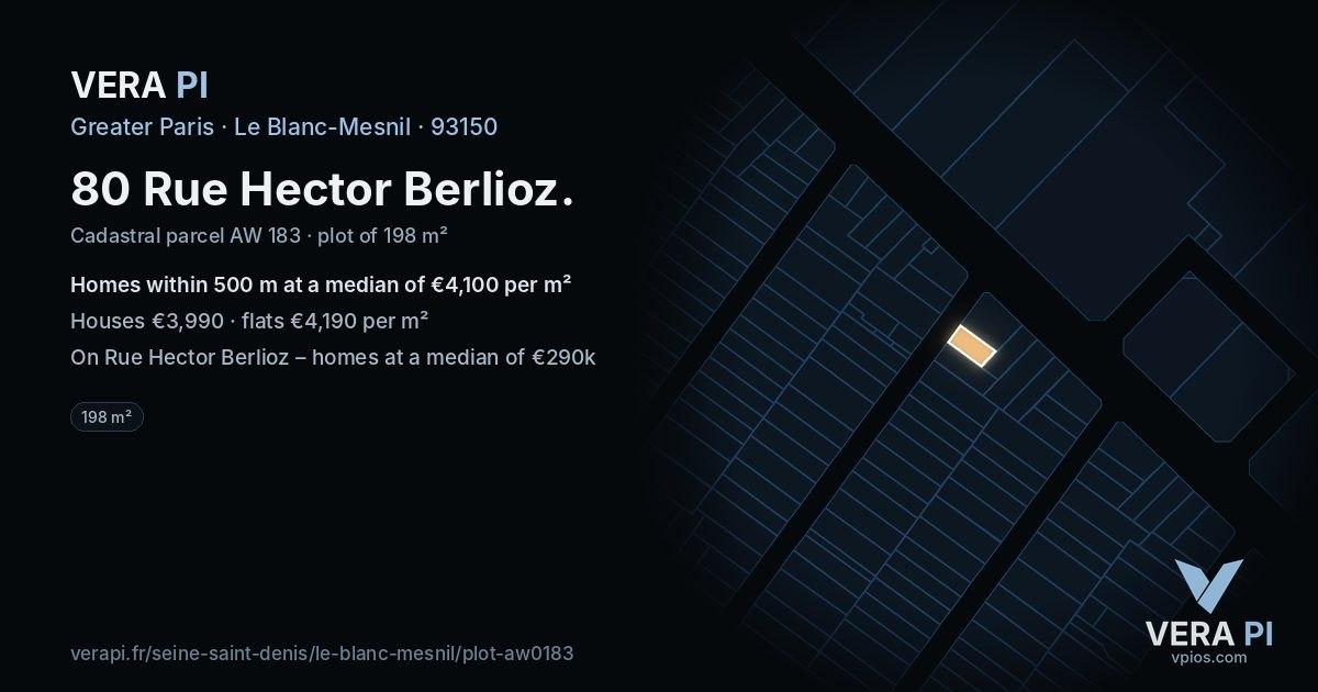 80 Rue Hector Berlioz, Le Blanc-Mesnil at night – the plot lit, the parcels around coloured by the prices near them