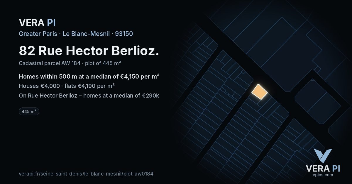 82 Rue Hector Berlioz, Le Blanc-Mesnil at night – the plot lit, the parcels around coloured by the prices near them