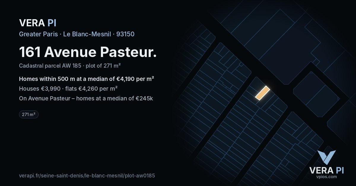 161 Avenue Pasteur, Le Blanc-Mesnil at night – the plot lit, the parcels around coloured by the prices near them