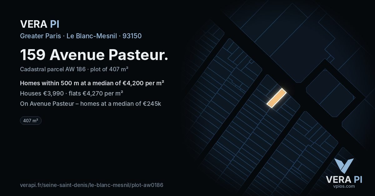 159 Avenue Pasteur, Le Blanc-Mesnil at night – the plot lit, the parcels around coloured by the prices near them