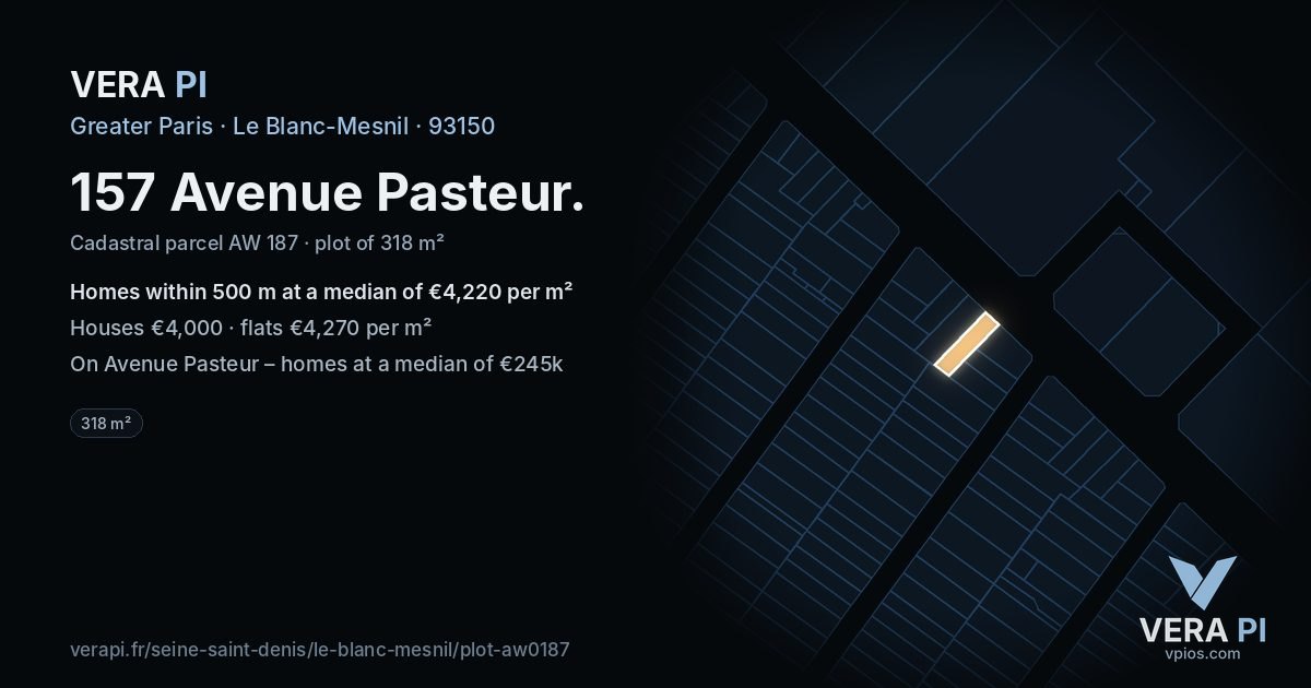 157 Avenue Pasteur, Le Blanc-Mesnil at night – the plot lit, the parcels around coloured by the prices near them