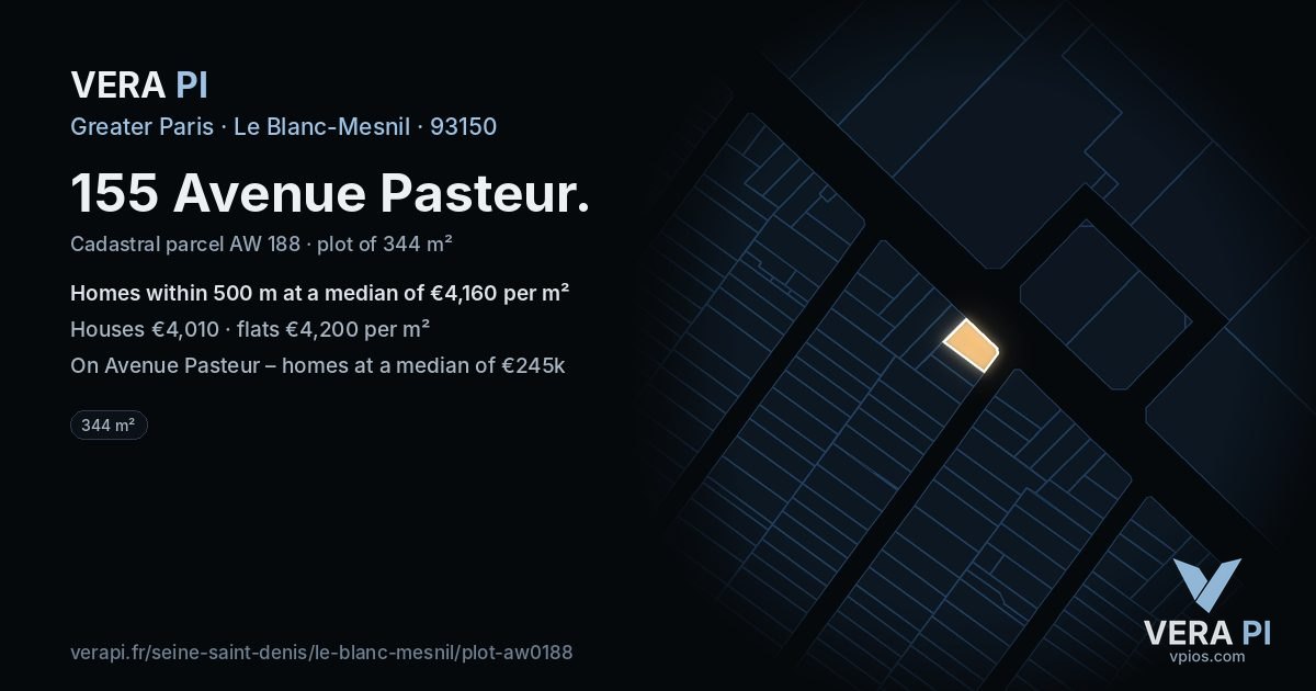 155 Avenue Pasteur, Le Blanc-Mesnil at night – the plot lit, the parcels around coloured by the prices near them