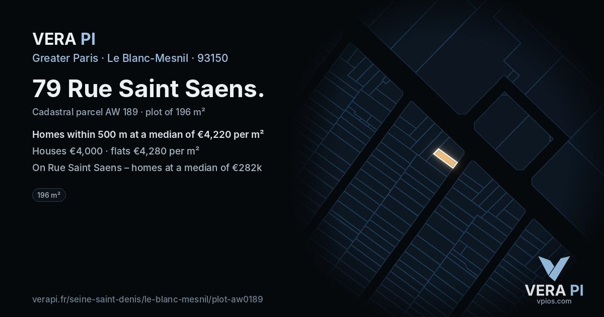 79 Rue Saint Saens, Le Blanc-Mesnil at night – the plot lit, the parcels around coloured by the prices near them