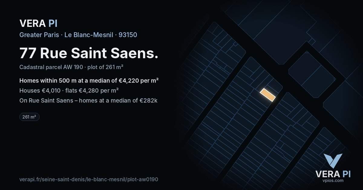 77 Rue Saint Saens, Le Blanc-Mesnil at night – the plot lit, the parcels around coloured by the prices near them