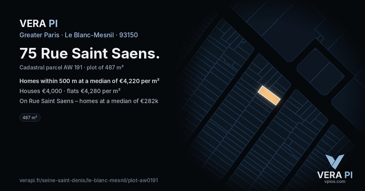 75 Rue Saint Saens, Le Blanc-Mesnil at night – the plot lit, the parcels around coloured by the prices near them