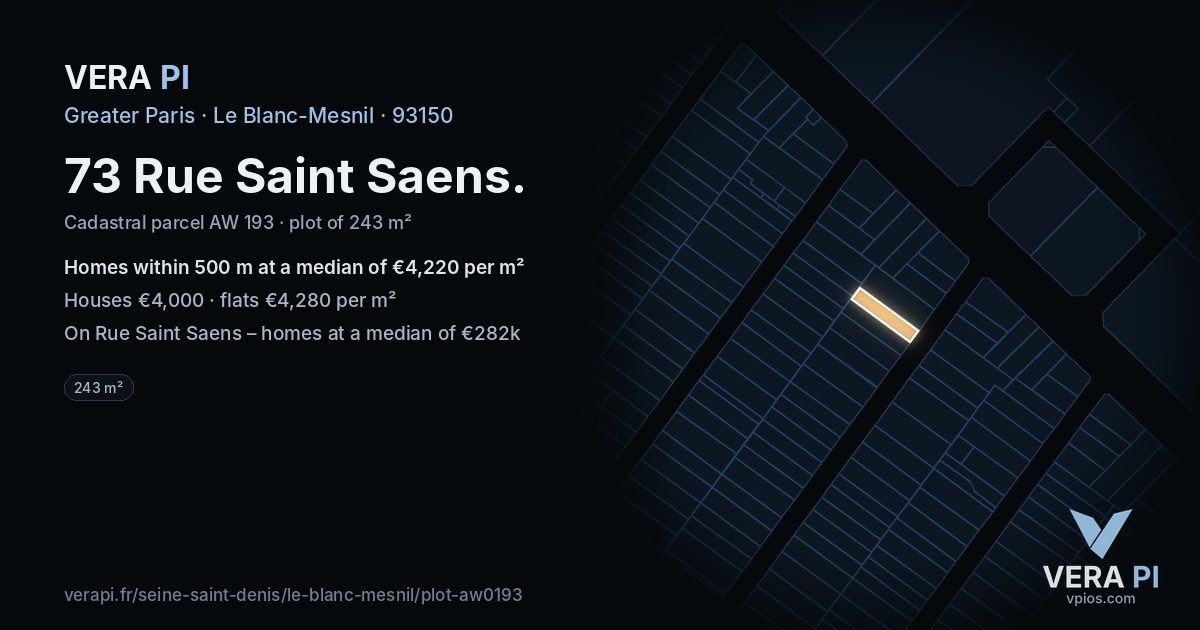 73 Rue Saint Saens, Le Blanc-Mesnil at night – the plot lit, the parcels around coloured by the prices near them
