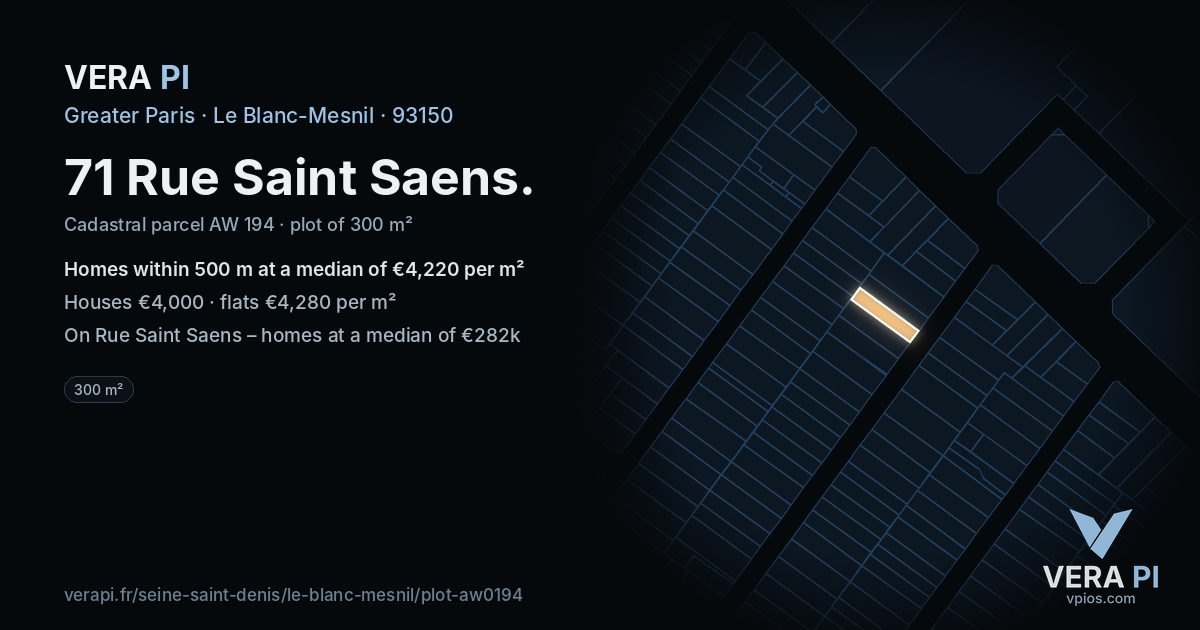 71 Rue Saint Saens, Le Blanc-Mesnil at night – the plot lit, the parcels around coloured by the prices near them