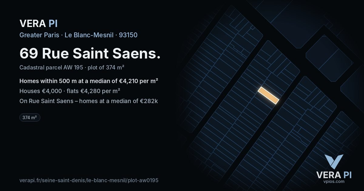 69 Rue Saint Saens, Le Blanc-Mesnil at night – the plot lit, the parcels around coloured by the prices near them