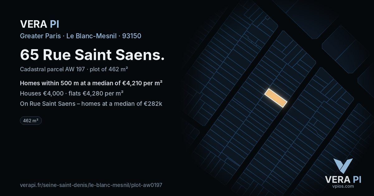65 Rue Saint Saens, Le Blanc-Mesnil at night – the plot lit, the parcels around coloured by the prices near them