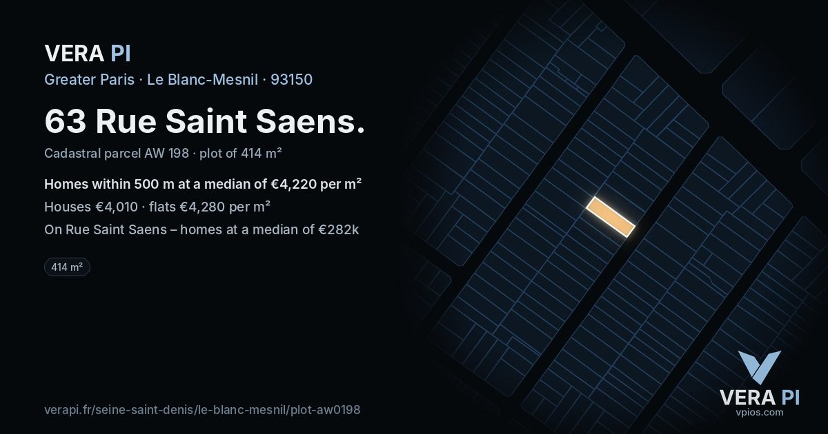 63 Rue Saint Saens, Le Blanc-Mesnil at night – the plot lit, the parcels around coloured by the prices near them