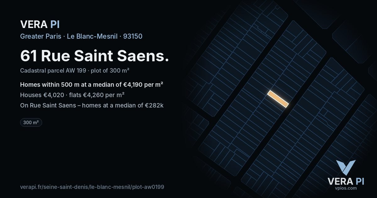 61 Rue Saint Saens, Le Blanc-Mesnil at night – the plot lit, the parcels around coloured by the prices near them