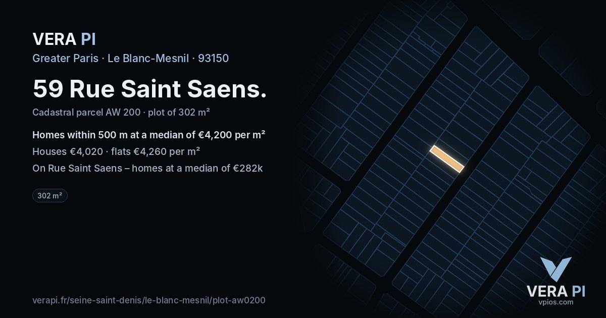 59 Rue Saint Saens, Le Blanc-Mesnil at night – the plot lit, the parcels around coloured by the prices near them