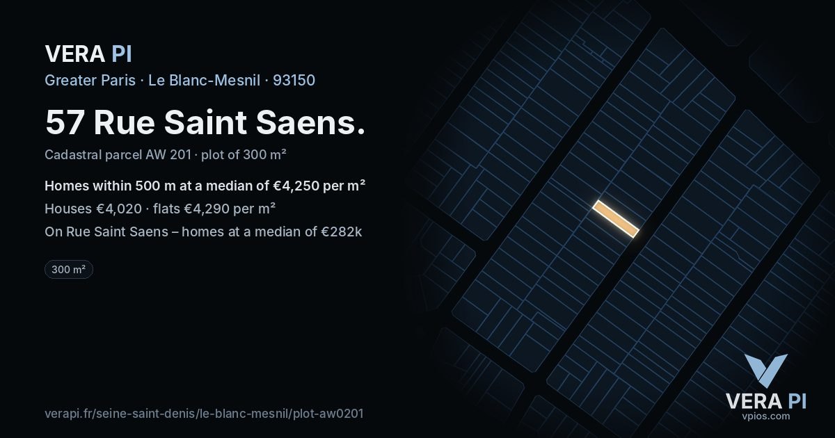 57 Rue Saint Saens, Le Blanc-Mesnil at night – the plot lit, the parcels around coloured by the prices near them