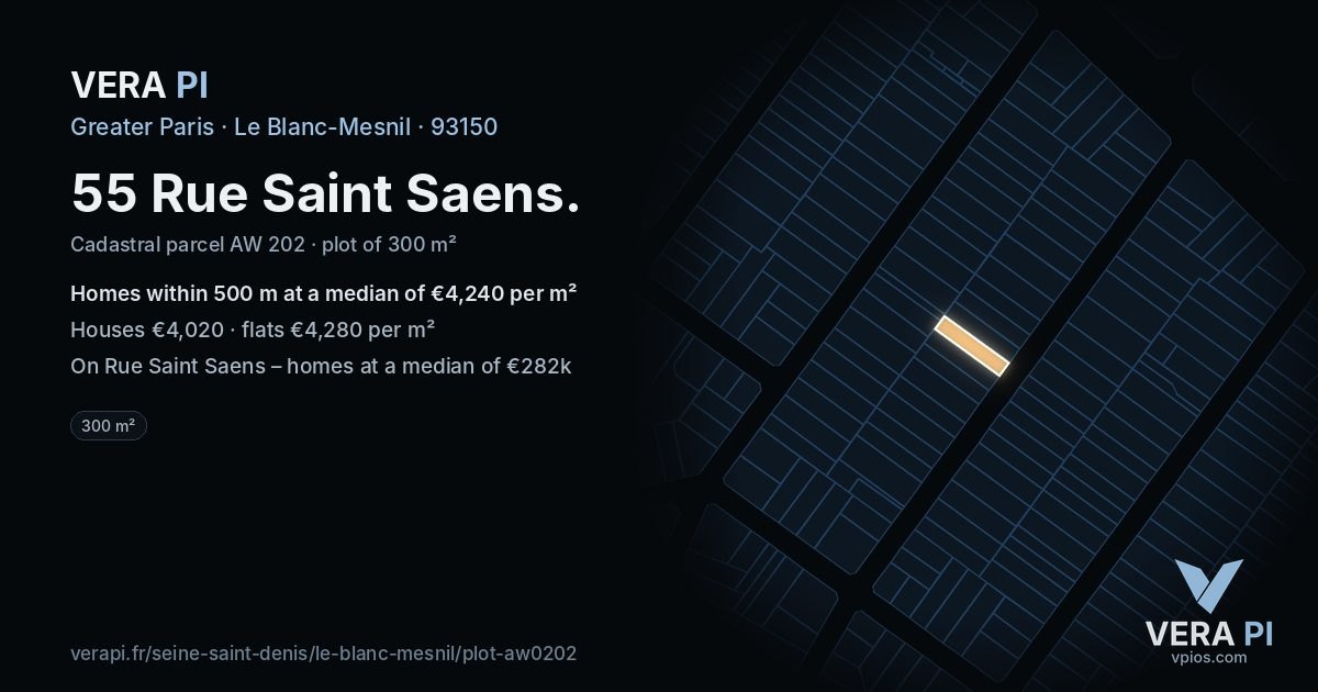 55 Rue Saint Saens, Le Blanc-Mesnil at night – the plot lit, the parcels around coloured by the prices near them