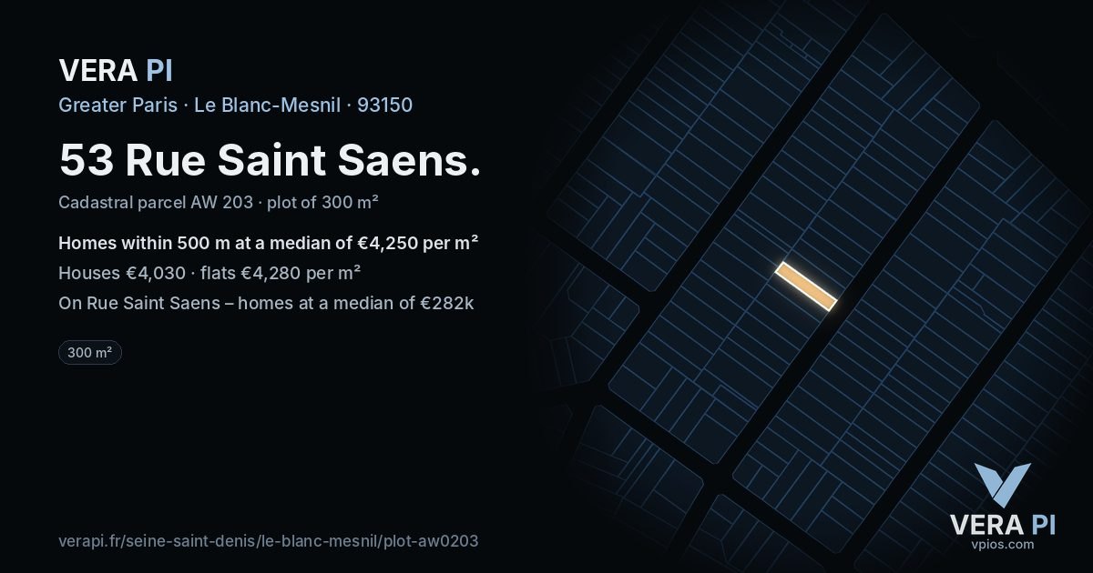 53 Rue Saint Saens, Le Blanc-Mesnil at night – the plot lit, the parcels around coloured by the prices near them