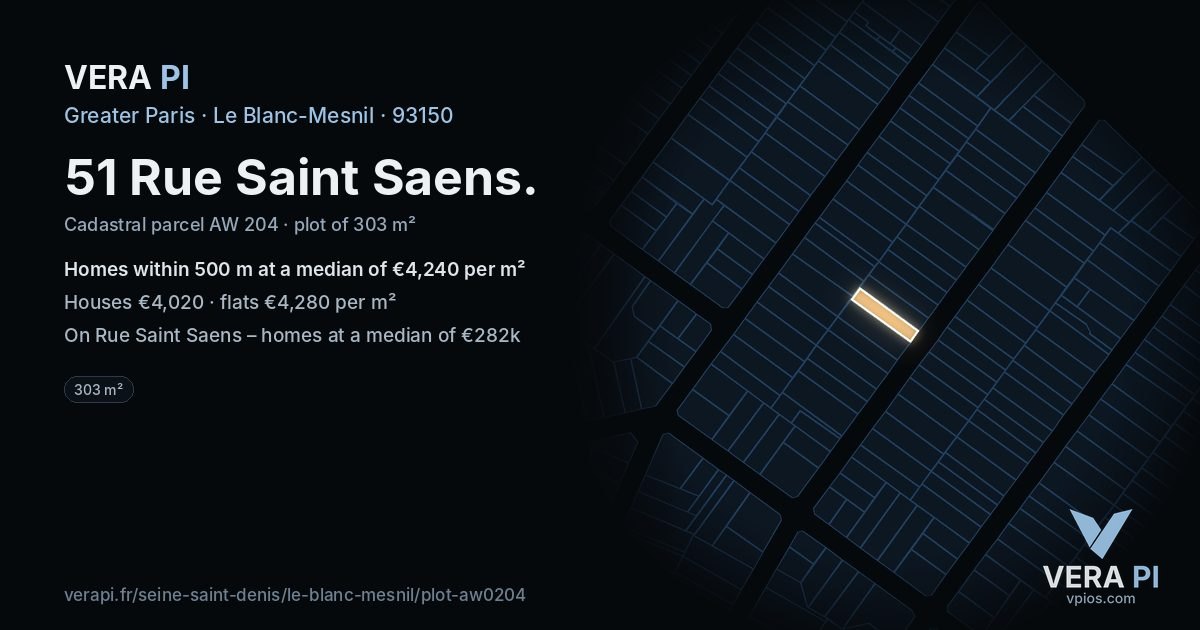 51 Rue Saint Saens, Le Blanc-Mesnil at night – the plot lit, the parcels around coloured by the prices near them
