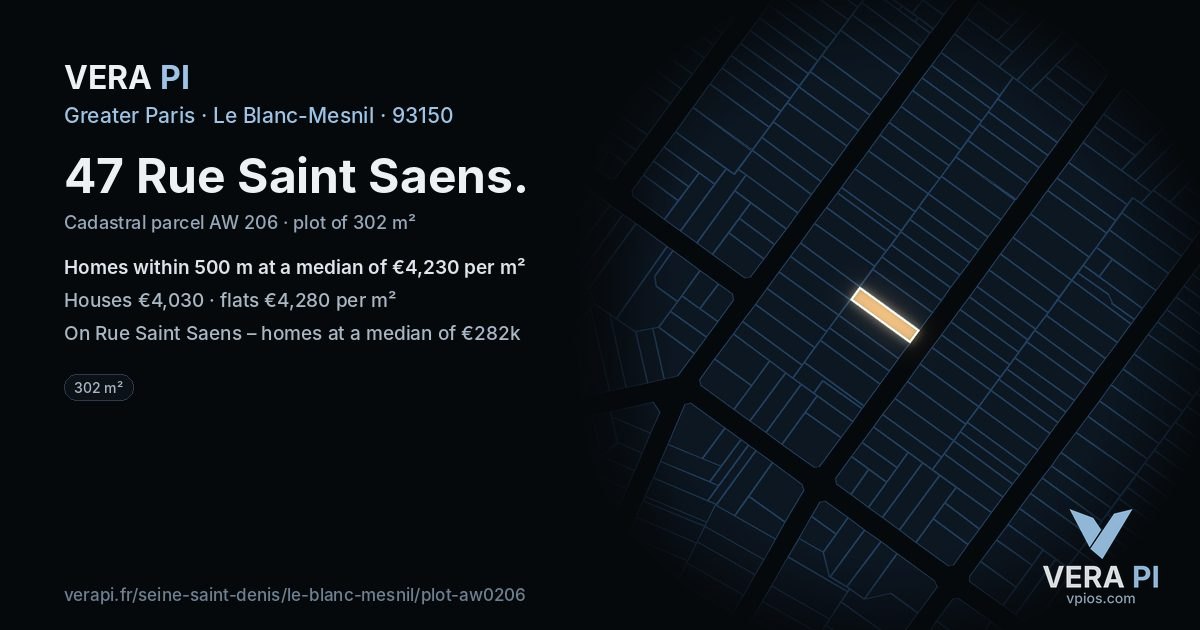 47 Rue Saint Saens, Le Blanc-Mesnil at night – the plot lit, the parcels around coloured by the prices near them