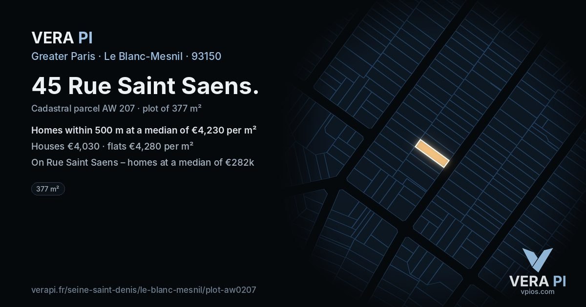 45 Rue Saint Saens, Le Blanc-Mesnil at night – the plot lit, the parcels around coloured by the prices near them