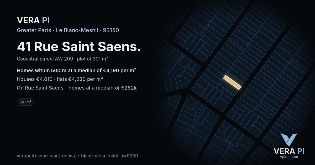 41 Rue Saint Saens, Le Blanc-Mesnil at night – the plot lit, the parcels around coloured by the prices near them