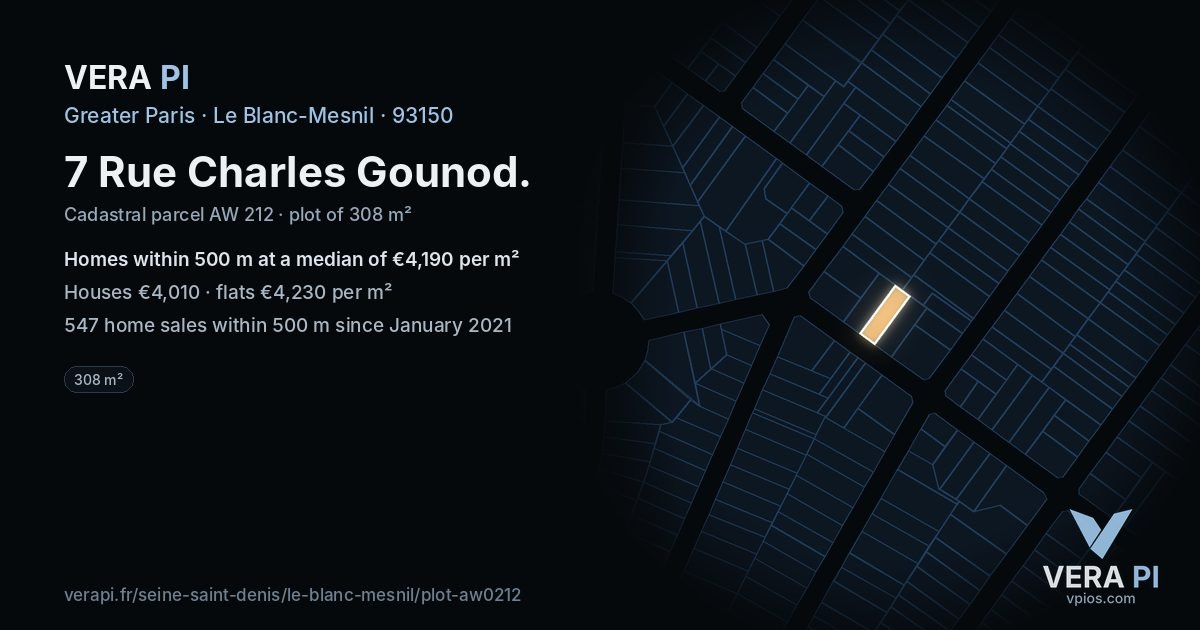 7 Rue Charles Gounod, Le Blanc-Mesnil at night – the plot lit, the parcels around coloured by the prices near them