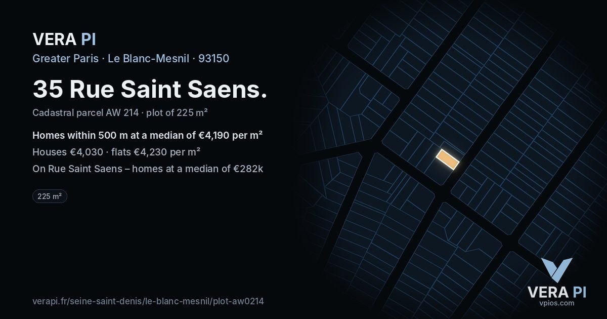 35 Rue Saint Saens, Le Blanc-Mesnil at night – the plot lit, the parcels around coloured by the prices near them