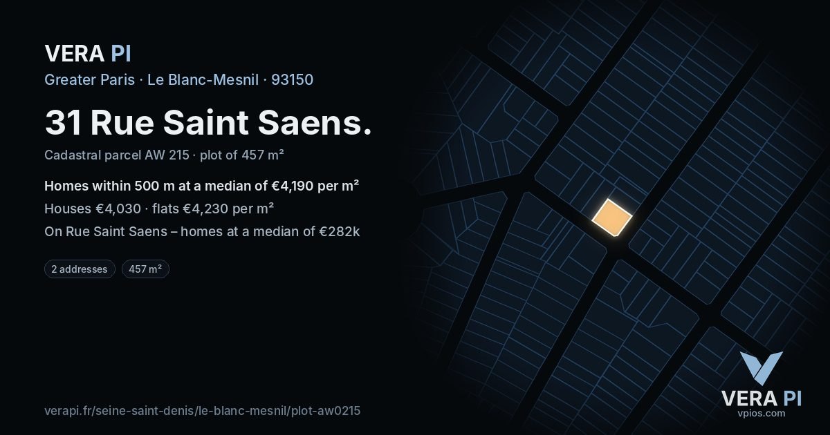 31 Rue Saint Saens, Le Blanc-Mesnil at night – the plot lit, the parcels around coloured by the prices near them