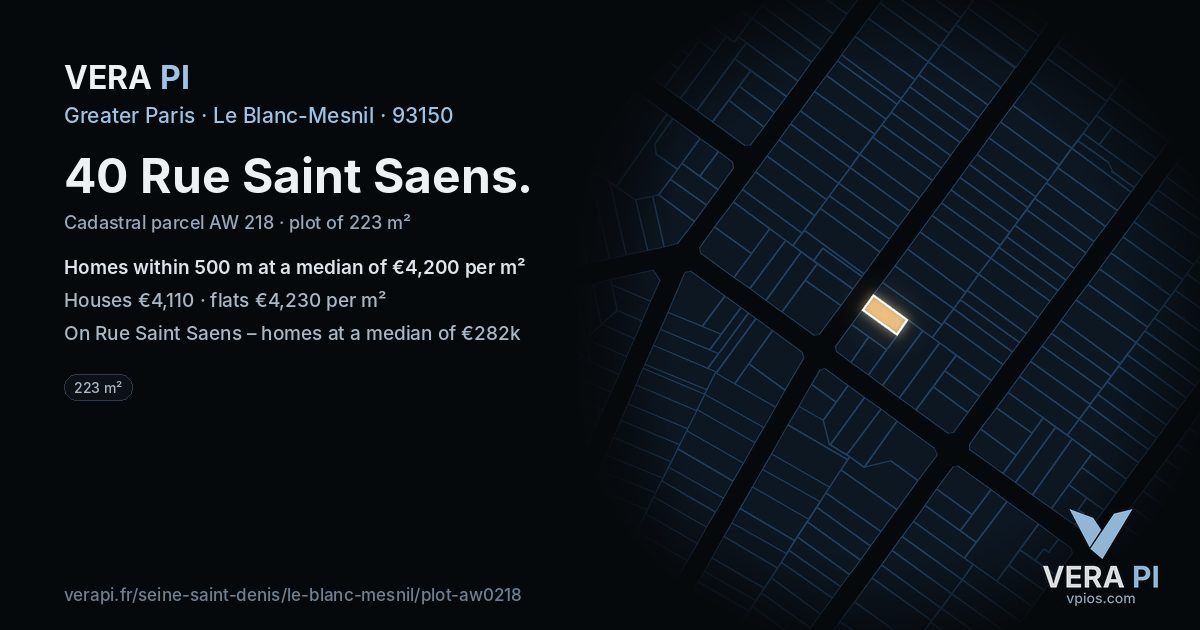 40 Rue Saint Saens, Le Blanc-Mesnil at night – the plot lit, the parcels around coloured by the prices near them